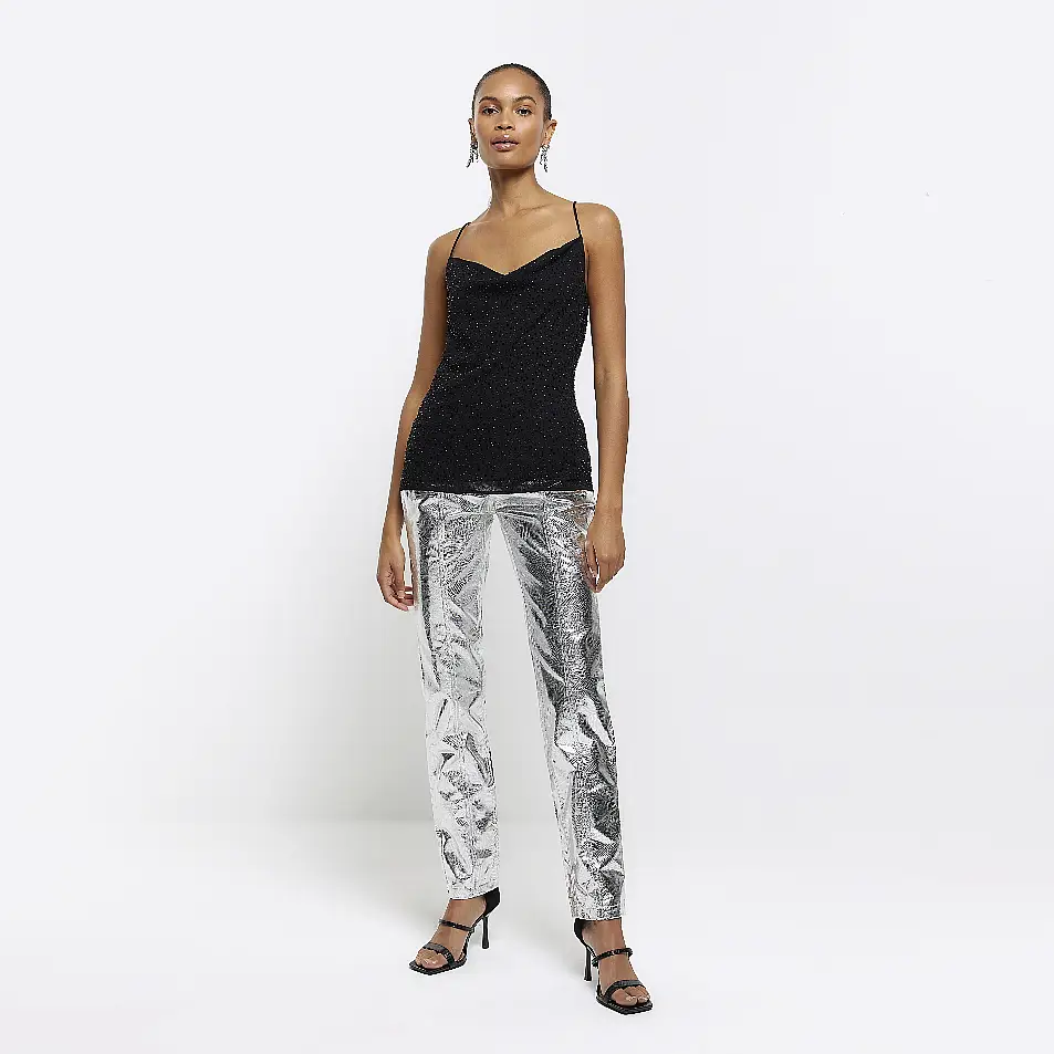 River Island Black Chiffon Beaded Cami Top; Silver Metallic Straight Leg Trousers; Black Closed Back Heeled Sandals