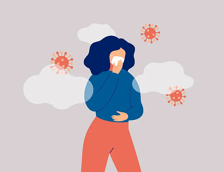 illustration of Sick woman surround microbes is wearing face mask