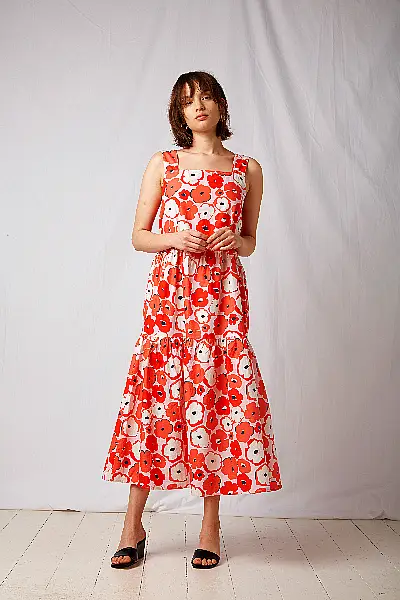 Omnes BCI Cotton Tiered Midi Dress in Poppy Print