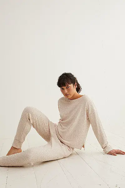 Oliver Bonas Ribbed Jersey Lounge Long Sleeve Top in White, £39.50; Ribbed Jersey Lounge Joggers in White, £45