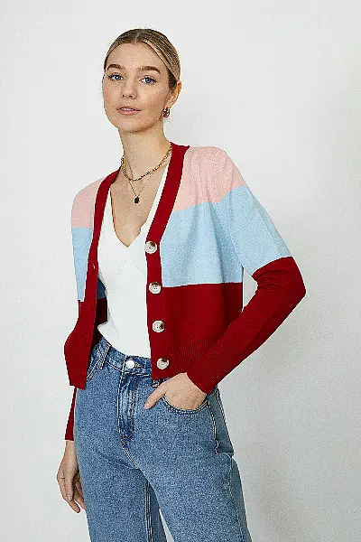 woman wearing red cardigan