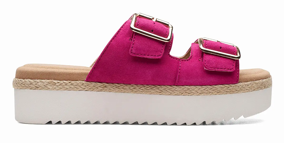 Clarks Flatform Double Buckle Hot Pink Suede Sandals