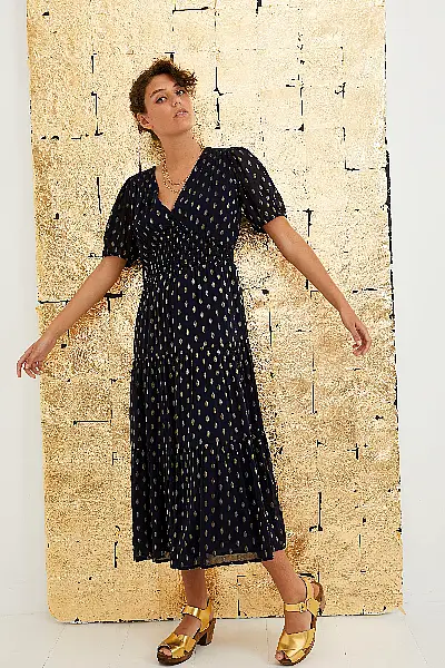 Oliver Bonas Sparkle Jacquard Spot Navy Blue Tiered Maxi Dress; Kitty Clogs Studio Mid Dansare Golden Leather Sandals