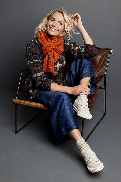 Damart Check Coatigan; Tencel Wide-Leg Trousers; Burnt Orange Alpaca Blend Scarf