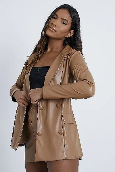 I Saw It First Taupe Double Breasted Faux Leather Blazer; Black Ribbed Square Neck Bodysuit; Taupe Faux Leather Boxer Shorts