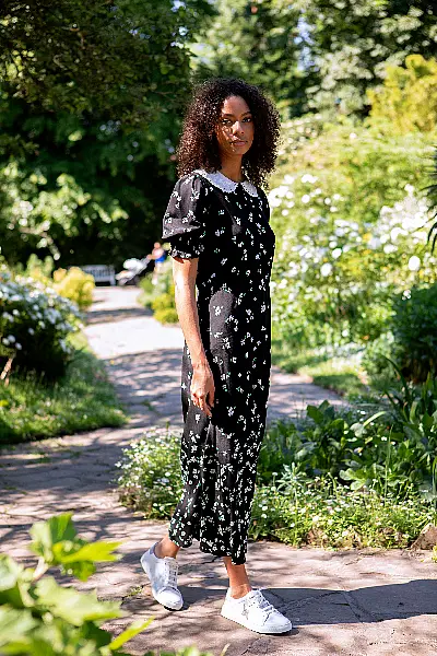 Oliver Bonas Floral Print & Collar Black Midi Dress; Gold Star & Lilac Panel Leather Lace Up Trainers