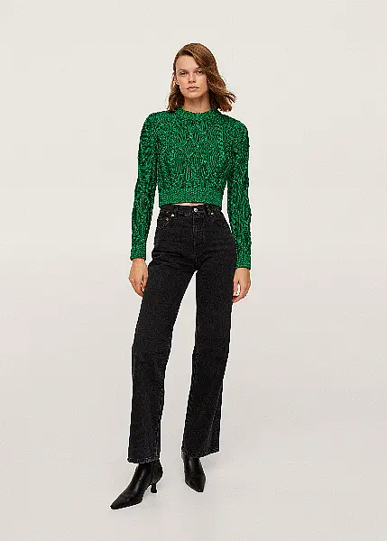 Mango Green Metallic-Knit Sweater, £49.99; High Waist Straight Jeans; Pointed Heel Ankle Boot