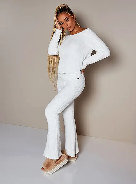 Boux Avenue Cloud Yarn Knitted Twist Back Jumper Ivory; Cloud yarn Knitted Flare Trousers Ivory; Platform Slider Slippers Oatmeal