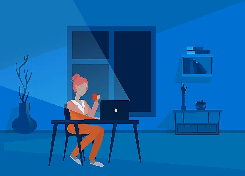 Cartoon of a woman sitting at her laptop at night