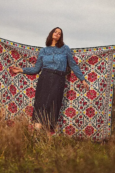 Monsoon Nella Denim Plaited Belt Midi Skirt Blue; Laser Print Denim Shirt in Sustainable Cotton Blue