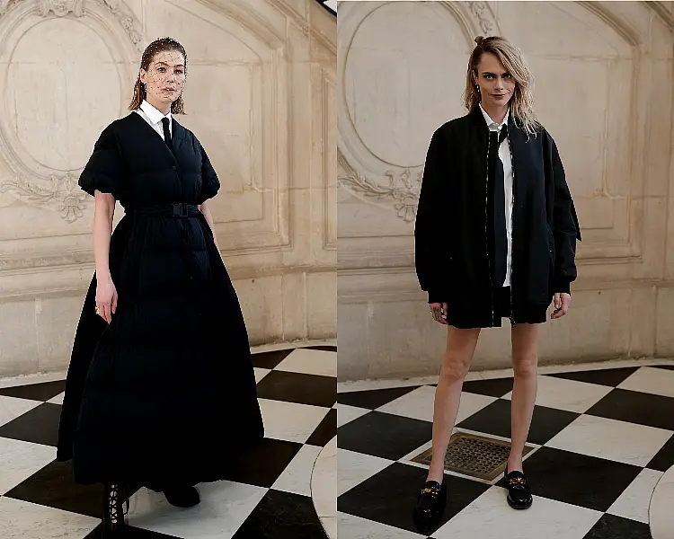 Rosamund Pike (L) and Cara Delevingne at the Dior show