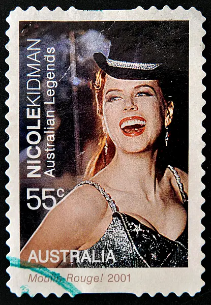 A stamp printed in Australia shows portrait of Nicole Kidman in the movie Moulin Rouge