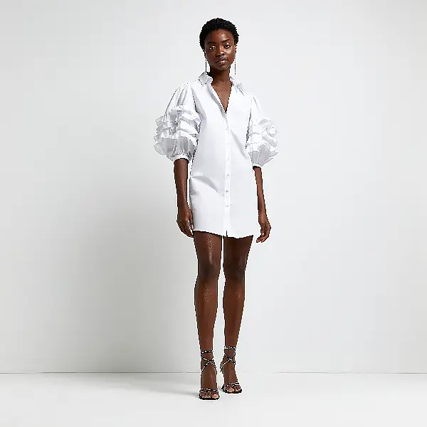 River Island White Ruffled Mini Shirt Dress; Black Diamante Strappy Heels