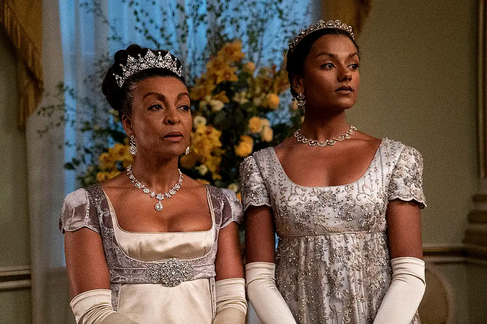 Adjoa Andoh as Lady Danbury and Simone Ashley as Kate Sharma in Bridgerton