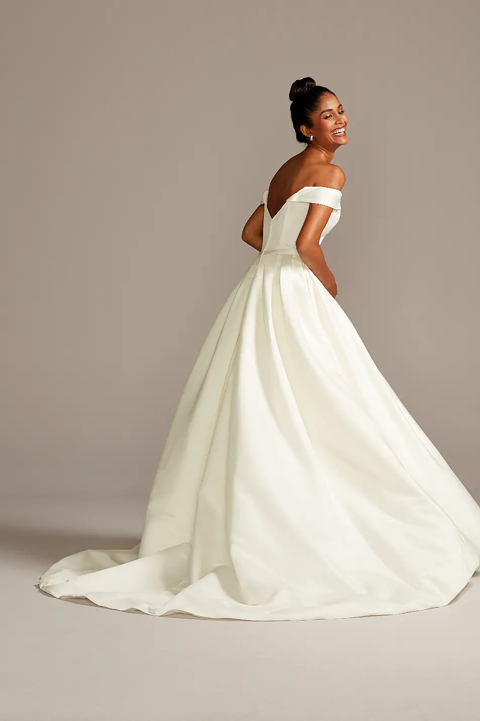 David's Bridal Off Shoulder Satin Gown Wedding Dress