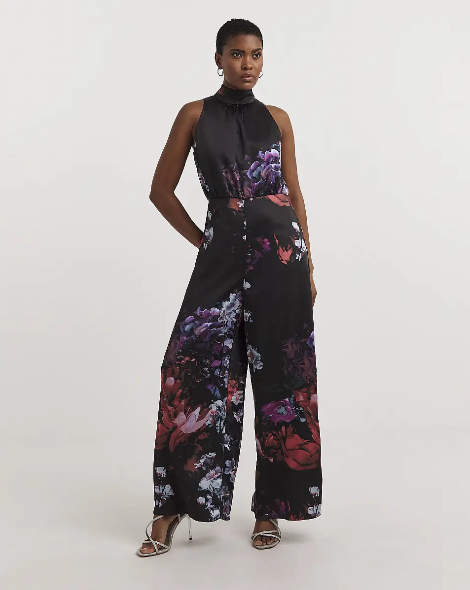 Ted Baker Marleeh Floral Halterneck Jumpsuit, Black, J D Williams