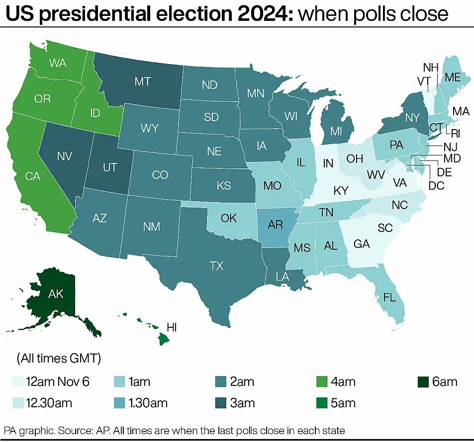 A map showing the times polls close in each US state for the 2024 presidential election