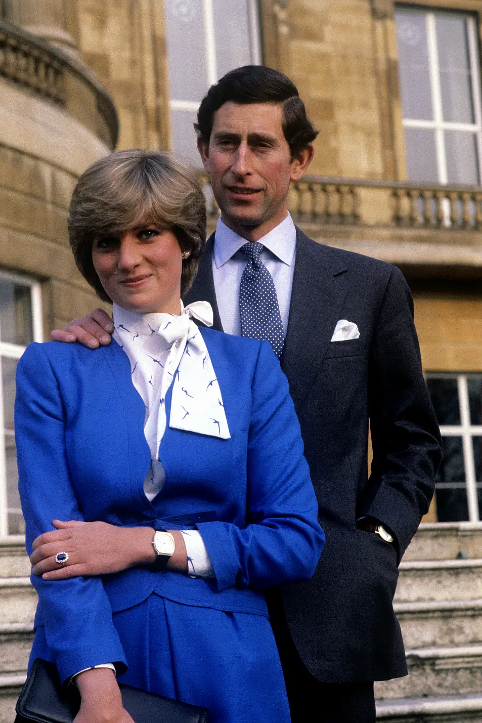 Prince Charles and Lady Diana Spencer (wearing the diamond and sapphire engagement ring he gave her) looking affectionate in the grounds of Buckingham Palace after the announcement of their engagement in London on Feb. 24, 1981