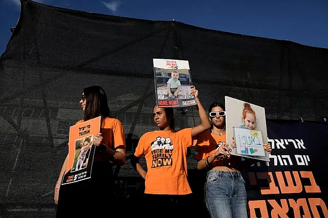 Family, friends and supporters of Ariel Bibas, who is held hostage by Hamas in the Gaza Strip, mark his fifth birthday in Tel Aviv 