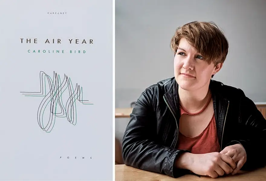 Caroline Bird with the front cover of her book The Air Year