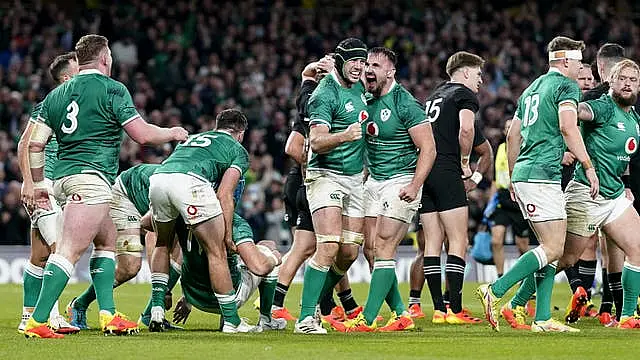 Caelan Doris celebrates scoring Ireland's third try during victory over New Zealand in 2021