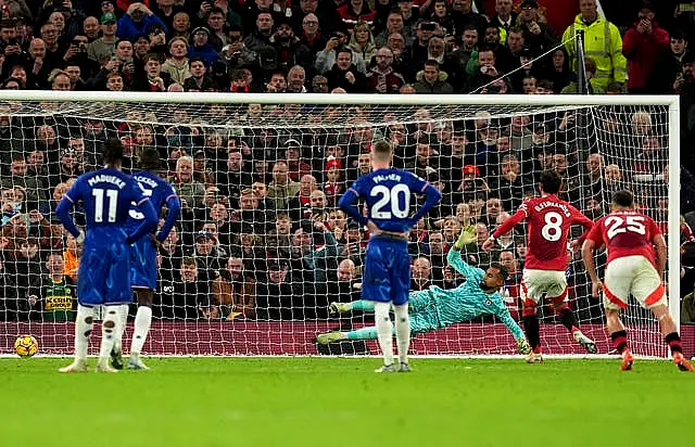 Bruno Fernandes scores his penalty in the bottom left corner as Chelsea goalkeeper Robert Sanchez dived the wrong way