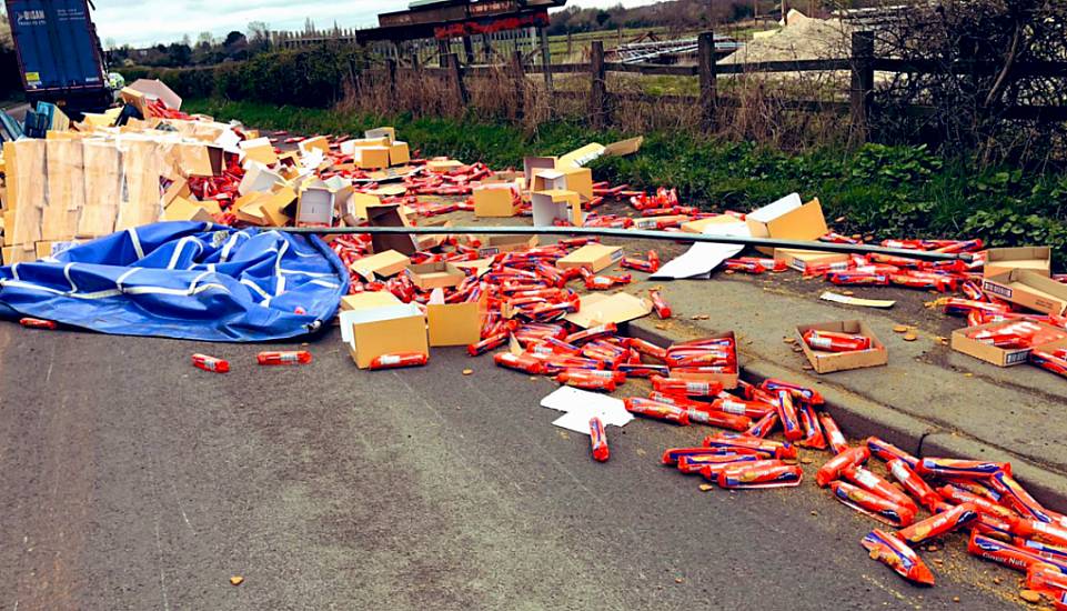 Lorryload Of Mcvitie’s Ginger Nuts And Bourbon Biscuits Spills Across Road